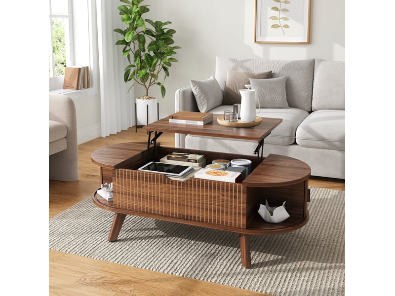  Table basse relevable ovale 110x50x53,5 cm avec rangement coloris noyer  - Conforama D