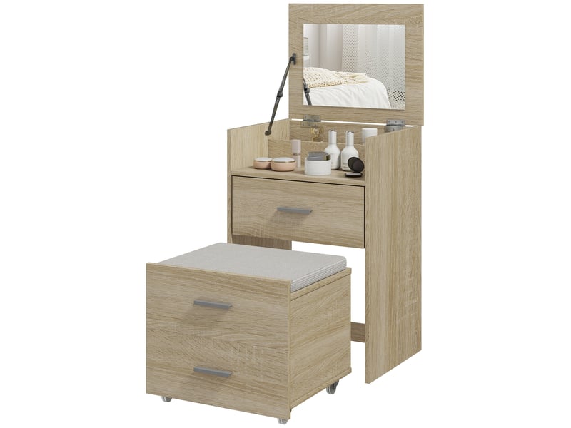  Coiffeuse avec miroir pliant, tiroirs et tabouret, en bois et tissu effet lin, coloris bois  - Conforama B