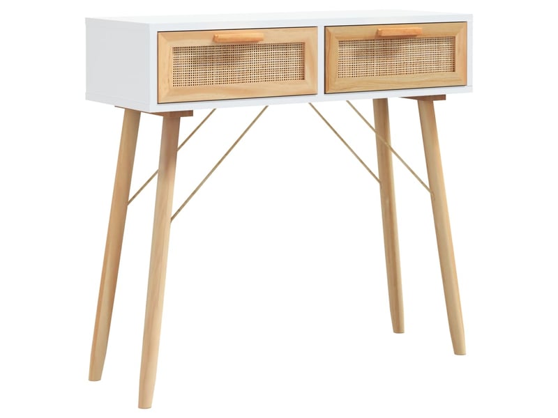  Console meuble, table console blanc 80x30x75 cm bois massif pin rotin naturel  - Conforama A