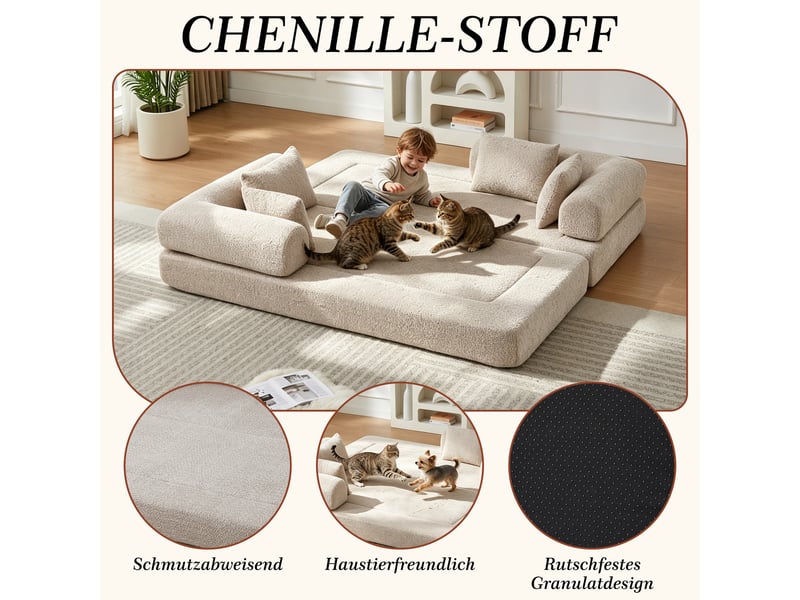  Canapé convertible 4-en-1 en tissu chenille kaki, 4 configurations, sans montage, 4 coussins inclus, design modulable  - Conforama R