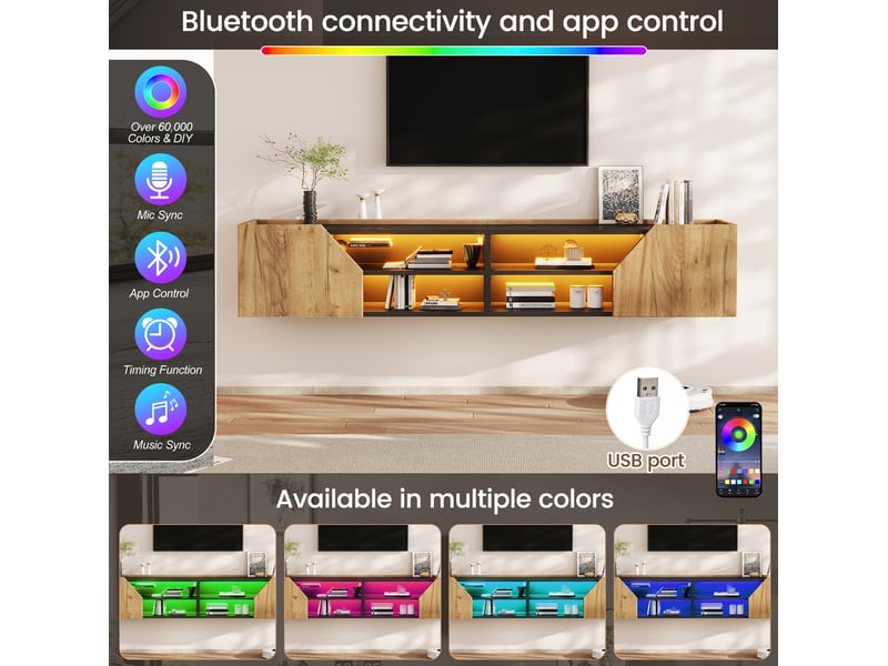  Meuble tv mural noir + ton bois 180 x 36,5 x 40 cm avec led bluetooth, 2 portes, jusqu'à 75 pouces  - Conforama A