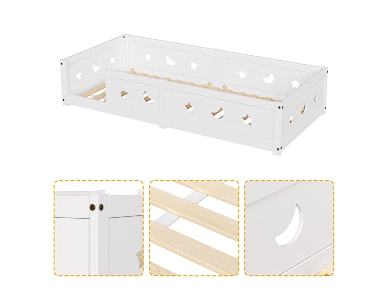  Lit au sol enfant 90x200 lit montessori au sol en bois massif avec barrière de sécurité et sommier à lattes  - Conforama D