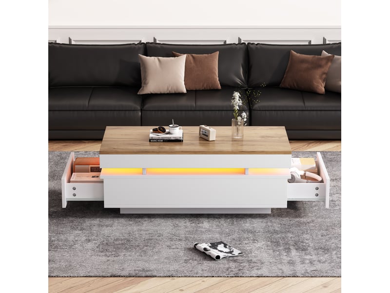 Table basse led 100 x 50 x 35 cm – blanc et bois – 2 tiroirs, rangement intégré, style moderne - Conforama E
