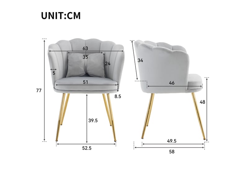  Lot de 4 chaises 63x58x77 cm, dossier pétale, coussin papillon, pieds métal doré, velours gris  - Conforama C