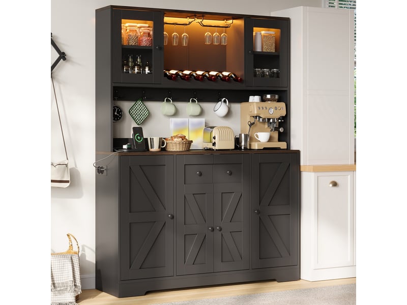  Buffet de cuisine haut 140 x 40 x 173 cm avec led rgb, prises usb, portes vitrées, range-bouteilles, porte-verres, plan de travail - noir  - Conforama C