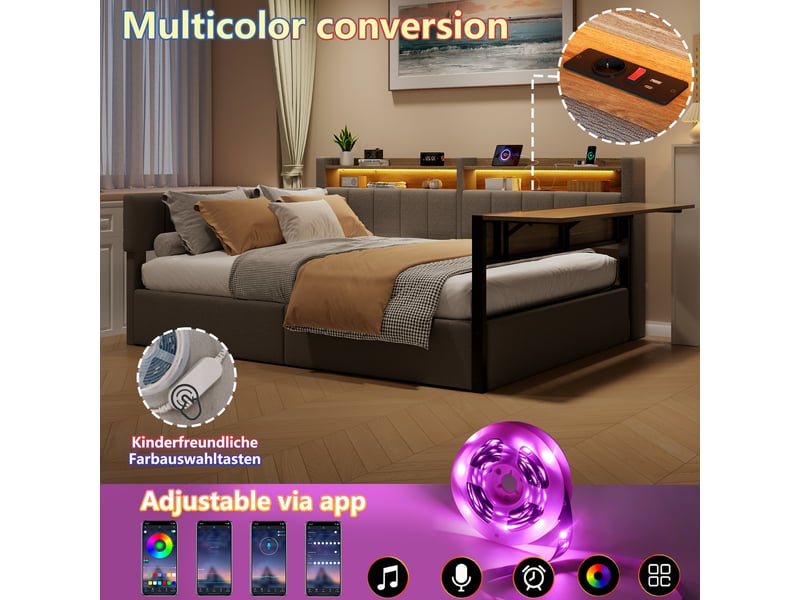 Lit de jour 140x200 cm rembourré velours gris avec rangement hydraulique, éclairage led, table pliante et port usb Morn Vibe - Conforama D