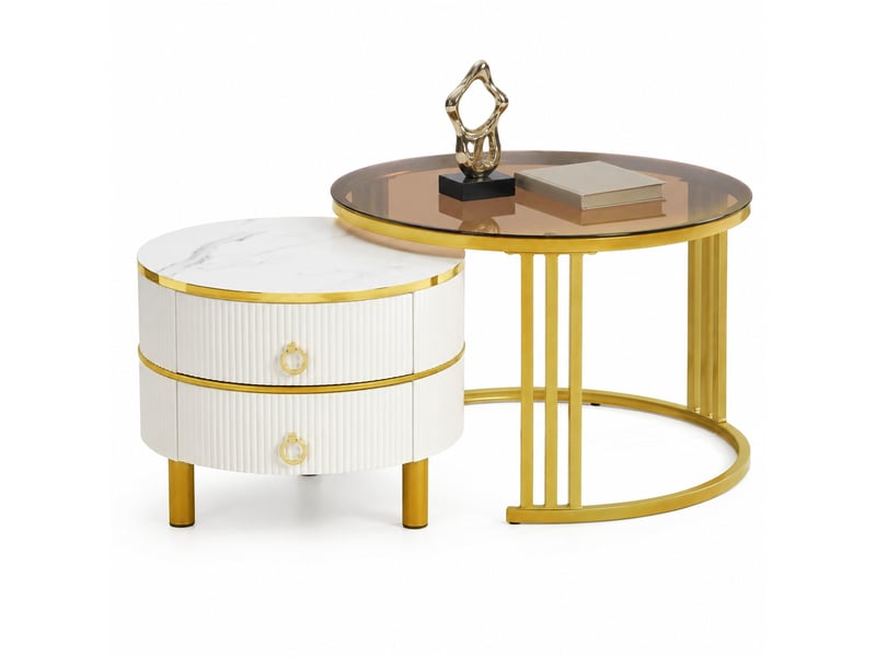  Tables basses gigognes rondes avec 2 tiroirs et plateaux en verre trempé, mdf, blanc et doré, modernes pour salon  - Conforama A