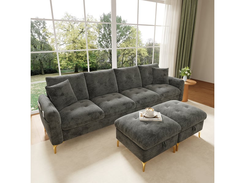  Canapé modulable en u convertible 4 places 263 x 137 x 85 cm, 2 poufs coffre, 2 coussins décoratifs, chenille, gris OMNIGLINT TRADING LTD - Conforama E