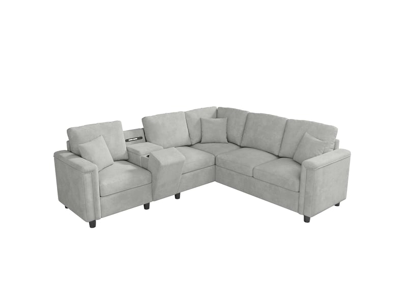  Canapé d'angle modenvie 5 places 235 x 208 cm en chenille gris clair avec console de rangement usb type-c  - Conforama A