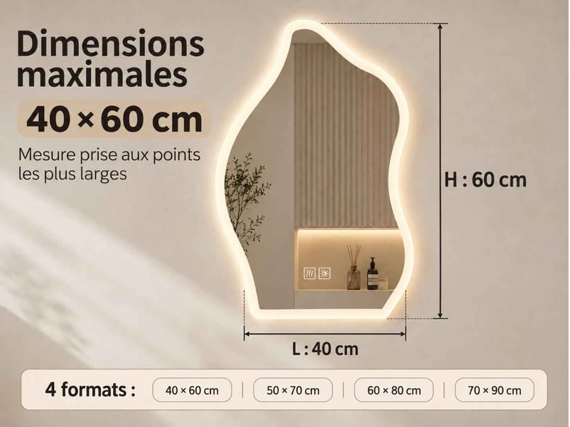  Miroir salle de bain led lumineux asymétrique 40 × 60 cm, avec éclairage réglable 3 couleurs et fonction anti-buée  - Conforama C