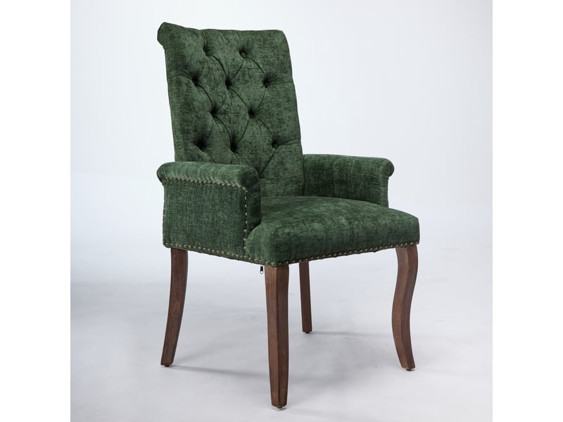 Chaise de salle à manger en chenille vert olive avec accoudoirs, dossier haut capitonné, pieds courbés en bois massif, style classique  - Conforama C