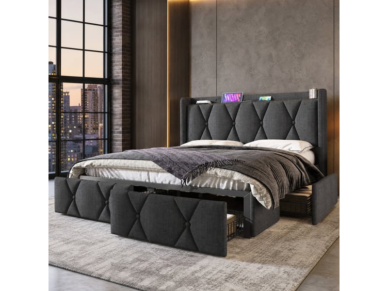  Lit double 160x200 cm avec 4 tiroirs, prises et ports usb, en lin gris  - Conforama B