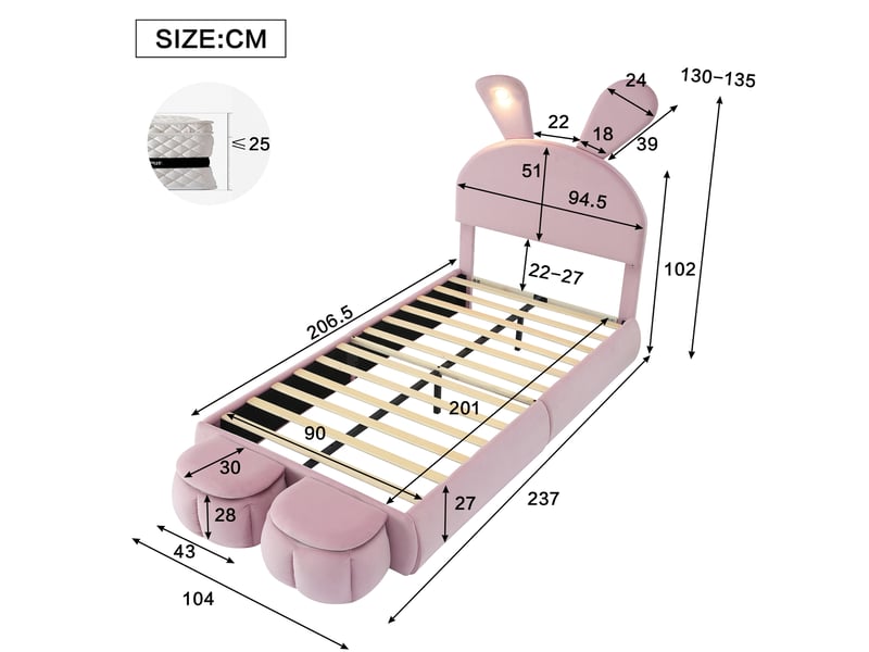  Lit avec rangement rembourré 90x200cm coloris rose led lit enfant rose - Conforama C