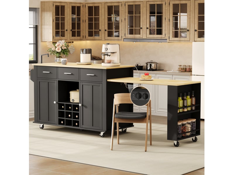  Îlot de cuisine mobile avec plateau extensible 136 à 223 x 50 x 93 cm, 3 tiroirs, prises usb, 7 roulettes, noir et naturel  - Conforama B