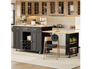 Îlot de cuisine mobile avec plateau extensible 136 à 223 x 50 x 93 cm, 3 tiroirs, prises usb, 7 roulettes, noir et naturel