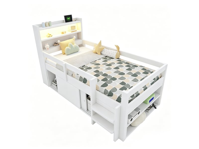 Lit enfant 90x200 cm avec rangements, led et ports usb, blanc - Conforama A