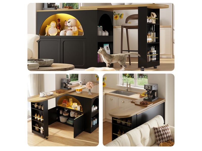 Meuble de cuisine muvano, table de bar extensible avec rangement, noire, 135 à 205 cm - Conforama B
