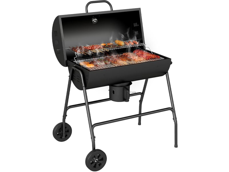  Grill charbon métal bbq smoker 95 x 71,5 x 102 cm – noir – thermomètre, couvercle, roulettes  - Conforama A