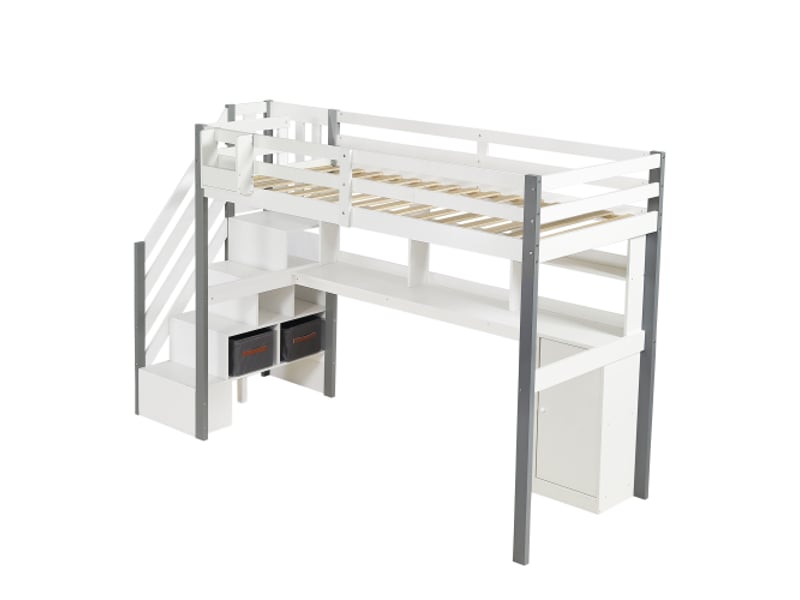  Lit mezzanine 90x200 cm, lit mi-hauteur avec échelle, étagère, bureau et casiers, en bois, blanc, sans matelas  - Conforama A
