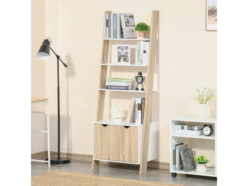  Bibliothèque en bois en forme d'échelle avec 3 étagères et 1 placard de rangement, 60 x 40 x 171 cm, chêne et blanc  - Conforama E