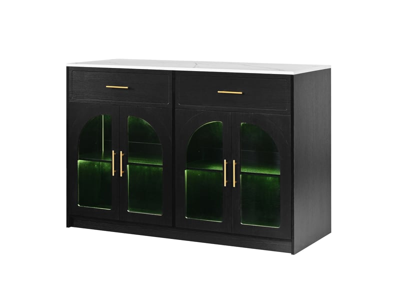 Desserte de cuisine led avec 2 tiroirs, portes vitrées et étagères réglables, pour cuisine, mdf noir, 135 × 55 × 91 cm - Conforama A