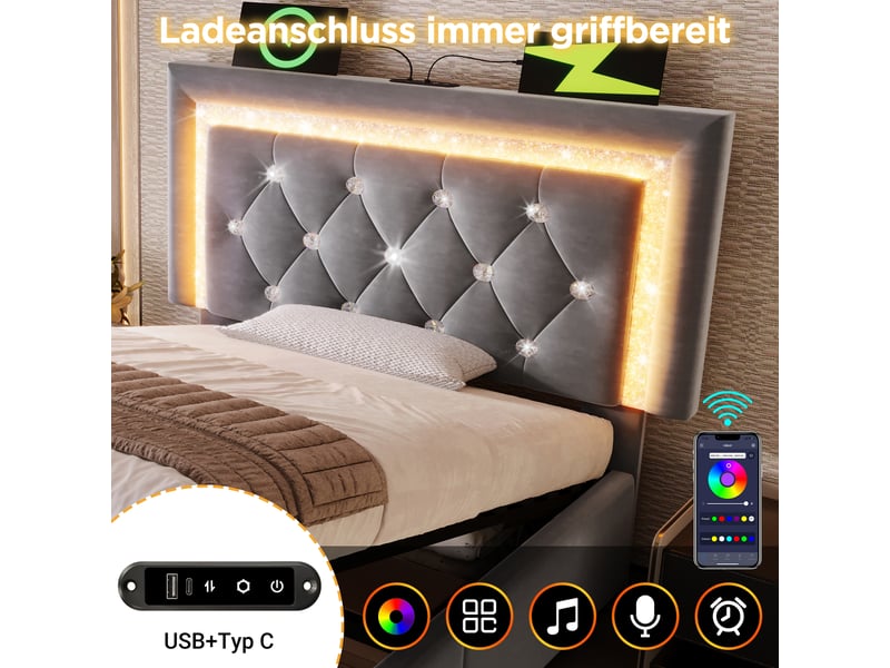  Lit rembourré 90x200 cm en velours avec led, usb type-c, coffre hydraulique et lattes, gris, avec matelas  - Conforama E