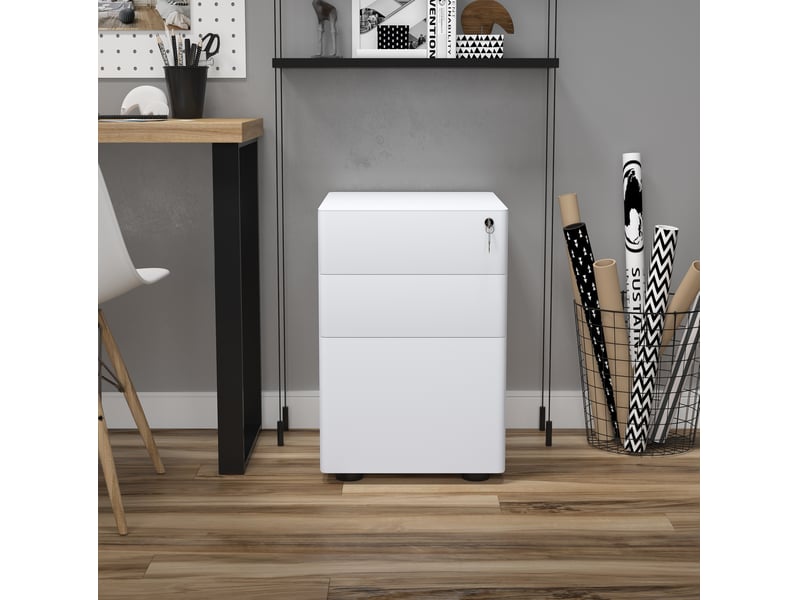  Caisson mobile 39x48x59 cm blanc en acier, 3 tiroirs verrouillables pour dossiers a4 et a5 au bureau  - Conforama D