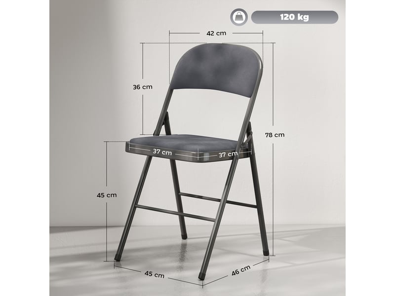 Lot de 4 chaises pliantes et portables intérieur avec assises et dossiers rembourrés en velours, gris foncé, cadre en acier  - Conforama C