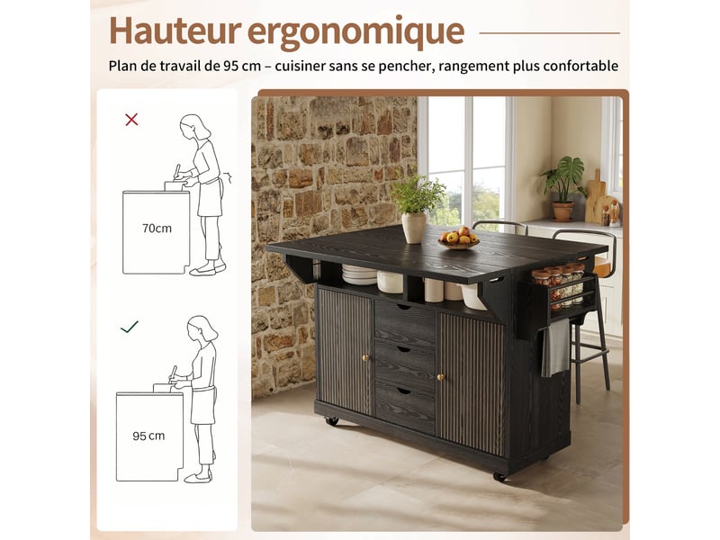  Desserte de cuisine noire, îlot de cuisine avec plateau extensible, 142x80x95cm (sans matelas).  - Conforama E