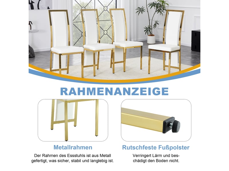  Lot de 4 chaises de salle à manger blanches avec bordure dorée, hauteur de 109 cm, cuir pu et métal  - Conforama W