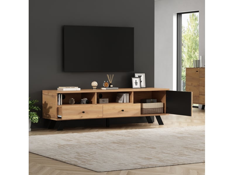  Ensemble meuble tv et buffet 150120 cm – décor bois naturel et noir – 9 espaces de rangement  - Conforama C