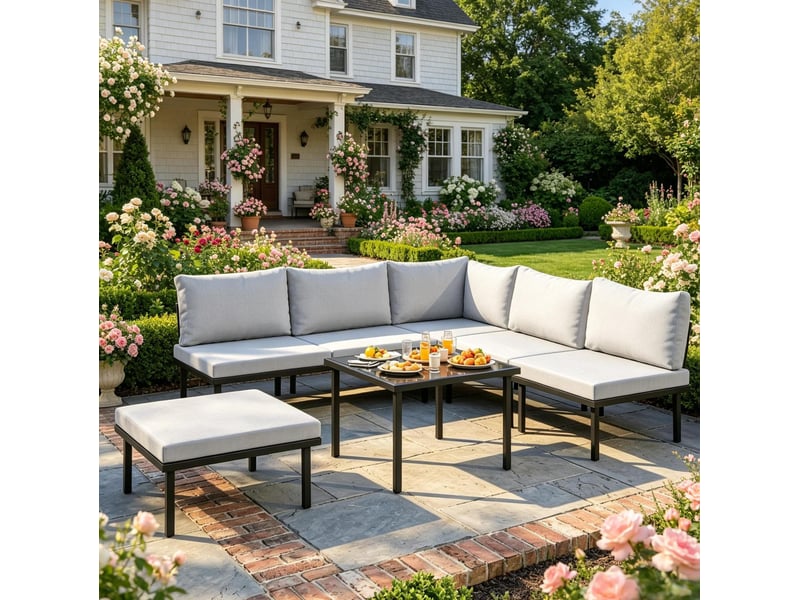  Salon de jardin modulable 6 pièces avec table basse en verre trempé, gris clair et noir  - Conforama D