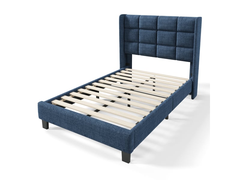  Lit simple 90x200cm, lit adulte, tête de lit et dossier rembourrés en lin bleu, sommier lattes bois (livré sans matelas)  - Conforama R
