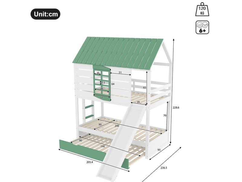 Lit superposé maison 90x200 cm avec toboggan et lit gigogne blanc et vert - Conforama C