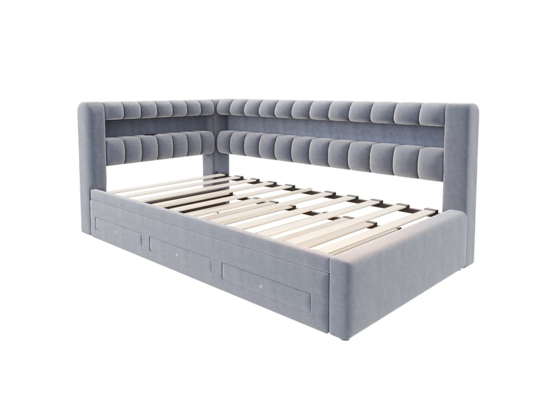  Lit banquette 90x190 cm avec lit gigogne, rangements, led et usb, velours gris foncé, sans matelas  - Conforama E