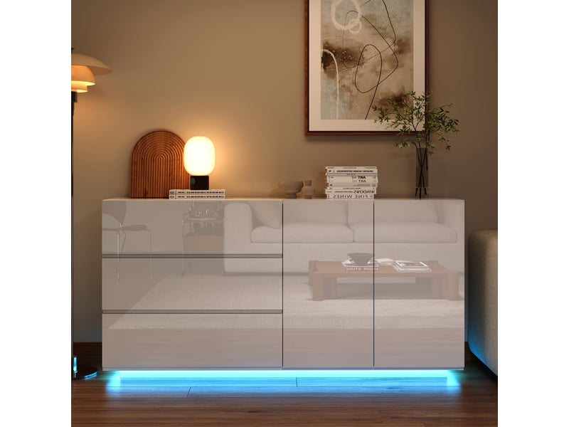  Buffet bas 2 portes 3 tiroirs - 160 x 35 x 76 cm-blanc - enfilade design haute brillance avec éclairage led et portes push-open  - Conforama D