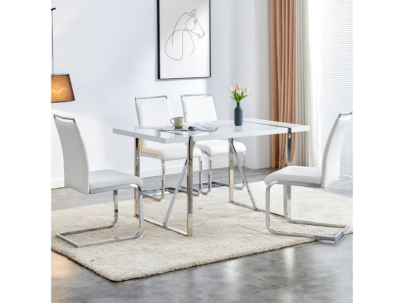  Lot de 4 chaises de salle à manger 42x48x95 cm métal blanc, dossier en pu et lin  - Conforama D