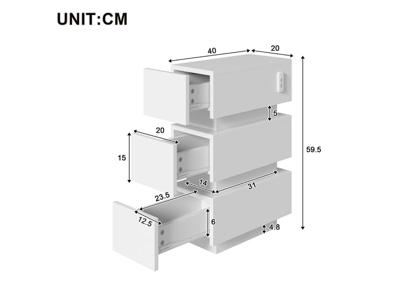  Lot de 2 tables de chevet 20x40x59,5 cm à 3 tiroirs led blanc  - Conforama C