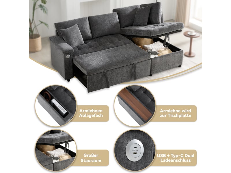  Canapé d'angle convertible 3 places en tissu chenille gris foncé N653P9828G - Conforama D