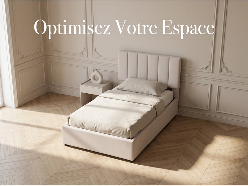  Lit coffre 90 x 200 cm - tissu lin beige - rangement hydraulique et tête de lit réglable  - Conforama D