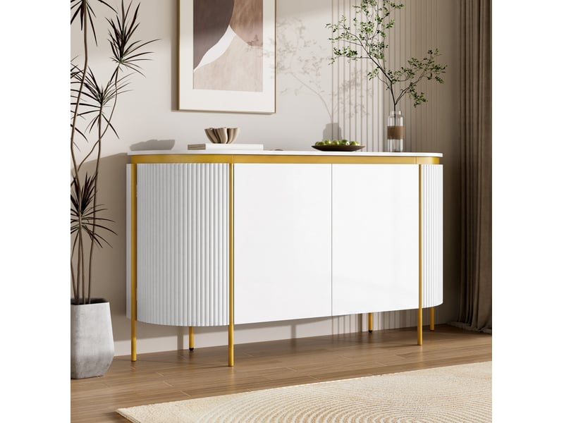 Buffet ovale 4 portes sans poignées, étagère et passe-câbles, pieds en fer pour salon en mdf blanc 140 × 38 × 80 cm - Conforama D
