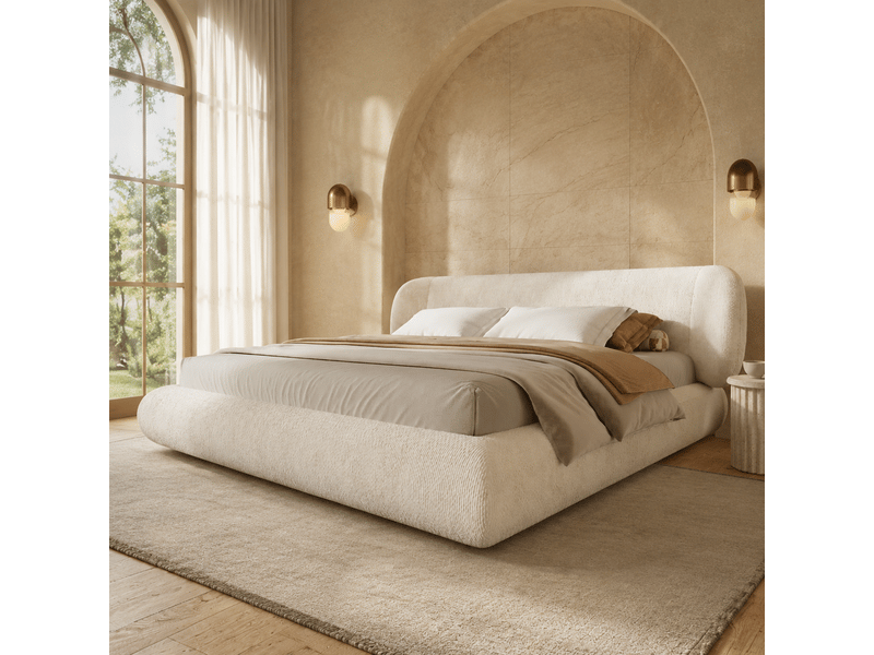 Lit rembourré en chenille beige 140x190 cm avec tête de lit arrondie Fay Lum - Conforama E