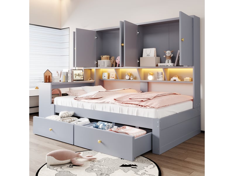 Lit multifonction 90x200 cm avec bureau intégré, rangements, led et prises, gris, sans matelas - Conforama B