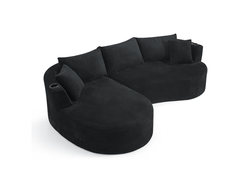  Canapé 3 places avec méridienne gauche design courbé velours côtelé doux porte-gobelets noir  - Conforama A
