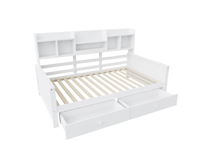  Lit banquette 90x200 cm en bois blanc, tiroirs, étagères et sommier à lattes  - Conforama E