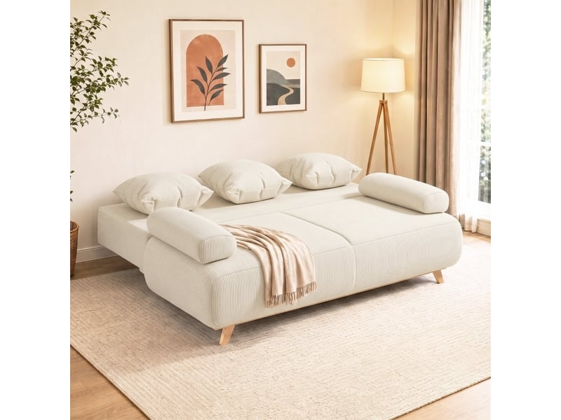 Canapé droit convertible 3 places en velours côtelé beige avec coffre, couchage 188 x 140 cm pour invités - Conforama E