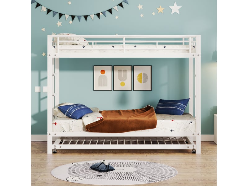  Lit superposé enfant 90 x 200 cm avec lit gigogne 90 x 190 cm, structure en métal blanc pour chambre partagée  - Conforama E