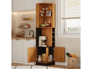 Buffet de cuisine 2 portes 40x40x182 cm - meuble d'angle avec porte-bouteilles, rangement pour verres et étagères - naturel