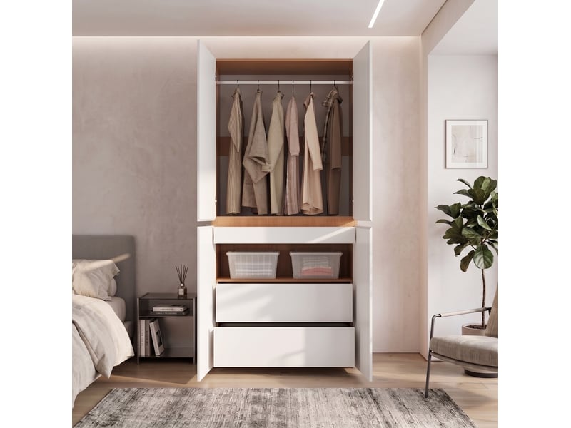  Armoire penderie 90x50x200 cm, 4 portes, 1 barre de penderie, 2 tiroirs, mdf et panneau de particules, blanc, chambre  - Conforama D