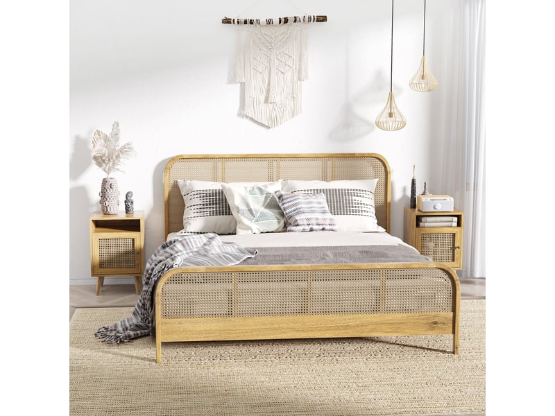  Lot de 2 tables de chevet table de nuit avec placard porte cannage et niche design vintage naturel 39 x 35 x 60 cm  - Conforama D
